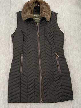 Eddie Bauer Jacket Womens Small Black Quilted Goose Down Coat Long Hooded Ladies